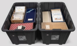 Two large plastic tubs containing a huge accumulation of USED Australian stamps sorted into numbered envelopes which in turn are all contained in ten shoeboxes. (qty).