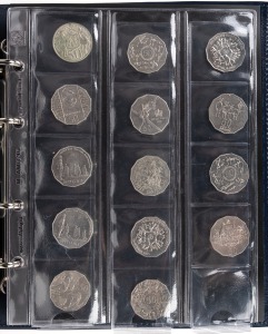 An album of $2/$1/50c/20c/5c coins, mostly 1990s to 2010s commemoratives, including one 1966 round 50c and many coloured $2 coins; FV $70+.