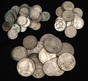 An accumulation of Australian pre-decimal coins comprising 53 threepences, 16 sixpences, 6 shillings, and 9 florins; mixed condition, generally poor.