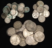 An accumulation of Australian pre-decimal coins comprising 53 threepences, 16 sixpences, 6 shillings, and 9 florins; mixed condition, generally poor.