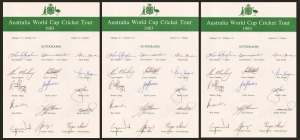 1983 AUSTRALIAN TEAM TO WORLD CUP: Three copies of the official team sheet, each with fifteen signatures including those of Kim Hughes, David Hookes, and Allan Border; fine condition.