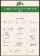 1983 AUSTRALIAN TEAM TO WORLD CUP: Three copies of the official team sheet, each with fifteen signatures including those of Kim Hughes, David Hookes, and Allan Border; fine condition. - 2