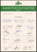 1983 AUSTRALIAN TEAM TO WORLD CUP: Three copies of the official team sheet, each with fifteen signatures including those of Kim Hughes, David Hookes, and Allan Border; fine condition. - 3