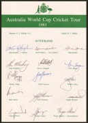 1983 AUSTRALIAN TEAM TO WORLD CUP: Three copies of the official team sheet, each with fifteen signatures including those of Kim Hughes, David Hookes, and Allan Border; fine condition. - 4