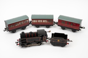 HORNBY (O Gauge) tinplate clockwork locomotive, tender and three carriages.