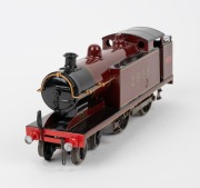 L.M.S. (O Gauge) vintage tinplate electric locomotive in burgundy and black livery with oval "LMC" badge (Leeds Model Company of England). - 3