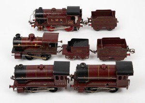 HORNBY (O Gauge) group of four tinplate clockwork locomotives and three tenders, all in burgundy livery.