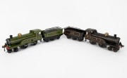HORNBY (O Gauge) two tinplate clockwork locomotives with tenders in black and green livery, (4 items).