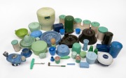Assorted vintage green and blue bakelite household objects including cannisters, condiments, lamp shade, ashtray etc., (qty).