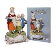 YARDLEY'S OLD ENGLISH LAVENDER porcelain point of sale advertising figure group, manufactured by Dresden, circa 1930s; together with a 1987 publication of Australian Pharmacist which features the piece on the front cover and includes an expose of same. (2