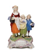 YARDLEY'S OLD ENGLISH LAVENDER porcelain point of sale advertising figure group, manufactured by Dresden, circa 1930s; together with a 1987 publication of Australian Pharmacist which features the piece on the front cover and includes an expose of same. (2 - 2