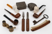 Assorted antique and vintage pipes, including two figural MEERSCHAUM examples; together with an antique key, antique pocket cutlery, vintage hair comb, opera glasses, silver plated stud box and a Japanese white metal trinket box, 19th and 20th century, (1
