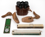 ASTRON vintage Japanese 8 x 30 binoculars in original case; together with a pair of vintage timber shoe lasts, vintage calipers in case and two slide rules in case, 20th century, (5 items).
