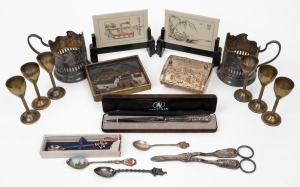 Russian silver plated tea glass holders, trinket box, letter knife and grape scissors; together with four assorted silver teaspoons, Chinese faux ivory panels and a Peruvian folk art picture and six Indian brass goblets, 20th century, (qty).