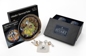 STUART CRYSTAL pair of whisky tumblers in original box, together with five SWAROVSKI crystal animal ornaments, and a ROSENTHAL Studio-Linie "Aladin" porcelain plate, 20th century.