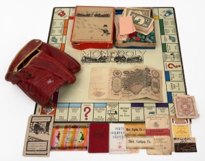 Vintage baseball glove, vintage Monopoly board game, Val Morgan advertising cinema slide, assorted ephemera etc., (qty).