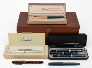 Assorted fountain pens, etc, housed in timber box, 20th century, (qty).