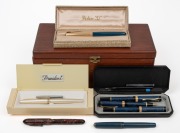 Assorted fountain pens, etc, housed in timber box, 20th century, (qty).