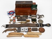 Assorted collectibles including cutthroat razors, strop, cufflinks, matchbox holders, glove box, bone busks, ornaments, propeller, etc, (qty).