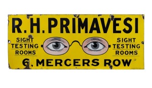 "R. H. PRIMAVESI - SIGHT TESTING ROOMS - 6 MERCES ROW" vintage enamel advertising sign, manufactured by Griffiths & Millington Ltd, London, 51 x 127cm.