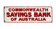 "COMMONWEALTH SAVINGS BANK OF AUSTRALIA" vintage red and white enamel advertising sign, 30.5 x 91.5cm.