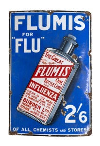 FLUMIS FOR FLU - 2'6 - OF ALL CHEMISTS AND STORES vintage enamel advertising sign, manufactured by A. Simpson & Son Ltd., 91 x 61cm.
