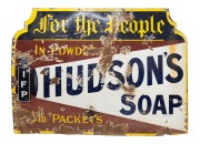 HUDSON'S SOAP "For The People, In Powdered 1lb Packets" and BORAX EXTRACT SOAP "For Washing Everything" vintage enamel advertising signs, (2 items), the larger manufactured by Patent Enamel Co. Ltd. of Birmingham, 71 x 97cm and 18 x 61cm.
