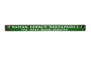 "DR. WAMAN GOPAL'S - SARSAPARILLA - THE BEST BLOOD PURIFIER" vintage green enamel advertising sign with convex front, 6 x 75cm.
