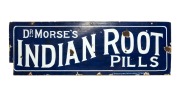 "DR. MORSE'S - INDIAN ROOT PILLS" vintage enamel advertising sign. Note: Corner cut. 31.5 x 91cm.