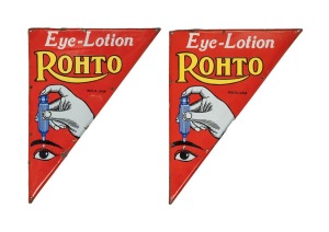 "ROHTO EYE LOTION" pair of vintage triangular shape enamel advertising signs, 59 x 44cm each.