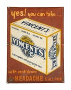 "VINCENT'S POWDERS FOR HEADACHES AND ALL PAIN" vintage tin enamel advertising sign, 45.5 x 34cm.