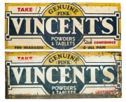 "VINCENT'S POWDERS AND TABLETS" pair of vintage tin enamel advertising signs, 30 x 76cm.