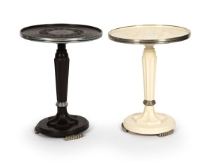 A pair of vintage bakelite and chrome circular occasional tables, mid 20th century, 55cm high, 43cm diameter.
