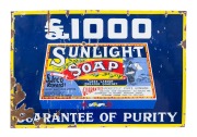SUNLIGHT SOAP "Guarantee Of Purity" two vintage enamel advertising signs, 61 x 92cm and 38 x 51cm.