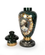 An antique glass apothecary specie jar with reverse painted portrait decoration and green marbled finish, 19th century, 65cm high. - 2