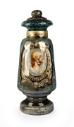 "HIPPOCRATES" antique English glass apothecary specie jar on green ground with profile portrait vignette and gilt decorated highlights, 19th century, 69cm high.
