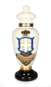 PERFUMERIA FINA antique English glass apothecary specie jar on cream ground, emblazoned with crown, shield and pictorial decoration, 19th century, 67cm high.