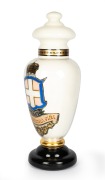 PERFUMERIA FINA antique English glass apothecary specie jar on cream ground, emblazoned with crown, shield and pictorial decoration, 19th century, 67cm high. - 2