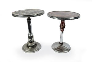 Two vintage Art Deco chrome and bakelite occasional tables with glass tops, mid 20th century, A/F, the larger 53cm high, 41cm diameter.