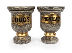 A rare pair of antique English glass apothecary display pedestals titled "DRUGS" and "CHEMICALS", 19th century, 38cm high, 28cm diameter.