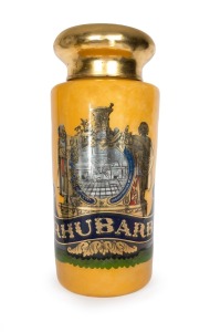 YORK GLASS CO. antique English glass apothecary specie jar with mustard coloured reverse painted ground and pictorial pharmaceutical gilt decoration emblazoned "RHUBARB", 19th century, 89cm high, 34cm diameter.