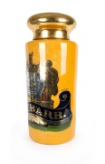 YORK GLASS CO. antique English glass apothecary specie jar with mustard coloured reverse painted ground and pictorial pharmaceutical gilt decoration emblazoned "RHUBARB", 19th century, 89cm high, 34cm diameter. - 2