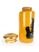 YORK GLASS CO. antique English glass apothecary specie jar with mustard coloured reverse painted ground and pictorial pharmaceutical gilt decoration emblazoned "RHUBARB", 19th century, 89cm high, 34cm diameter. - 3