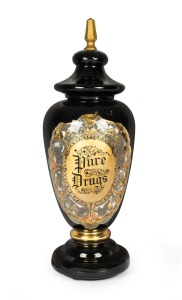 "PURE DRUGS" antique English glass apothecary specie jar with black ground and gilt decoration, 19th century, 56cm high.