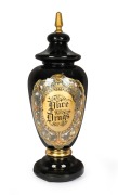 "PURE DRUGS" antique English glass apothecary specie jar with black ground and gilt decoration, 19th century, 56cm high.