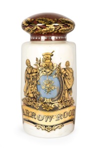MAW & SON of London, antique English glass apothecary specie jar on cream ground with figural gilt decoration and floral vignette, emblazoned "ARROW ROOT", 19th century, 57cm high, 25cm diameter.