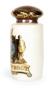 MAW & SON of London, antique English glass apothecary specie jar on cream ground with figural gilt decoration and floral vignette, emblazoned "ARROW ROOT", 19th century, 57cm high, 25cm diameter. - 2