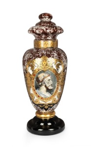 "HIPPOCRATES" antique English glass apothecary specie jar on mottled burgundy ground with profile portrait vignette, 19th century, 64cm high.