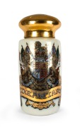 An antique English apothecary specie jar with reverse painted glass decoration "CREAM.TART" adorned with British coat of arms and motto "DIEU. ET. MON. DROIT", 19th century, 80cm high.