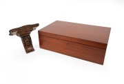 A vintage red pine lidded tabletop storage box; together with a 19th century English oak wall bracket carved in the Jacobean style, (2 items), the box 18cm high, 58cm wide, 36cm deep.